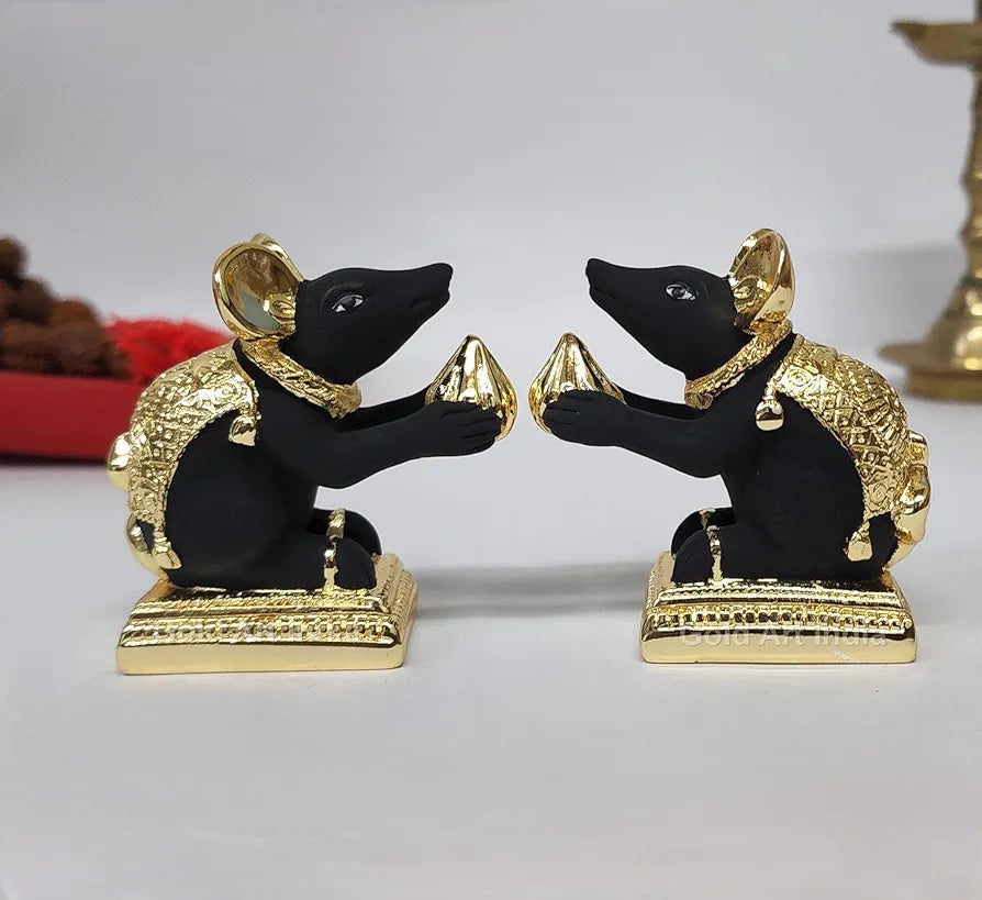 Gold Art India Gold-Plated Mushak Mouse Pair with Modak Black Terracotta Finish
