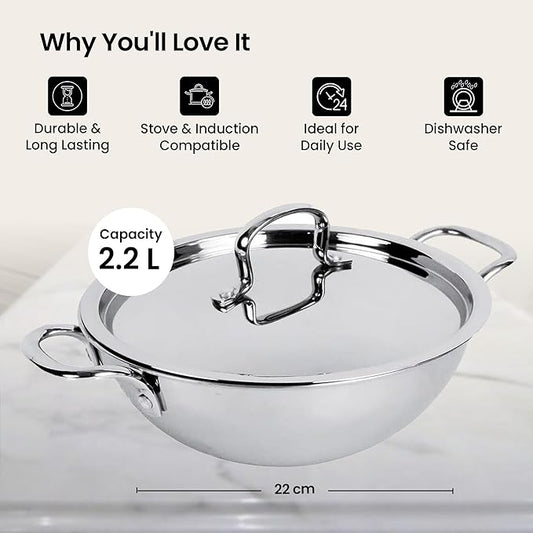Savya Home Triply Stainless Steel Kadai With Lid 22 Cm Diameter 2.2 L Capacity