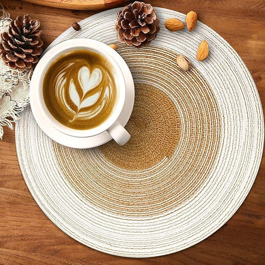 Spatlus Jute Placemats Set of 4 Heat Resistant Round Place Mats Natural Jute Gold Table Mats