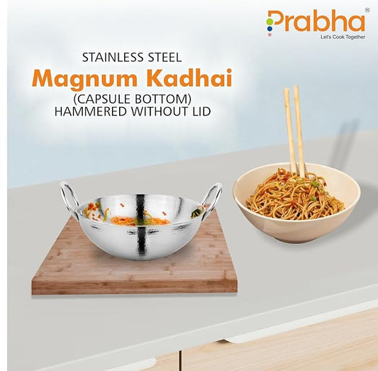 Prabha Stainless Steel Hammered Finish Heavy Gauge Kadhai Kitchen Wok with 0.5L Capacity 145 mm