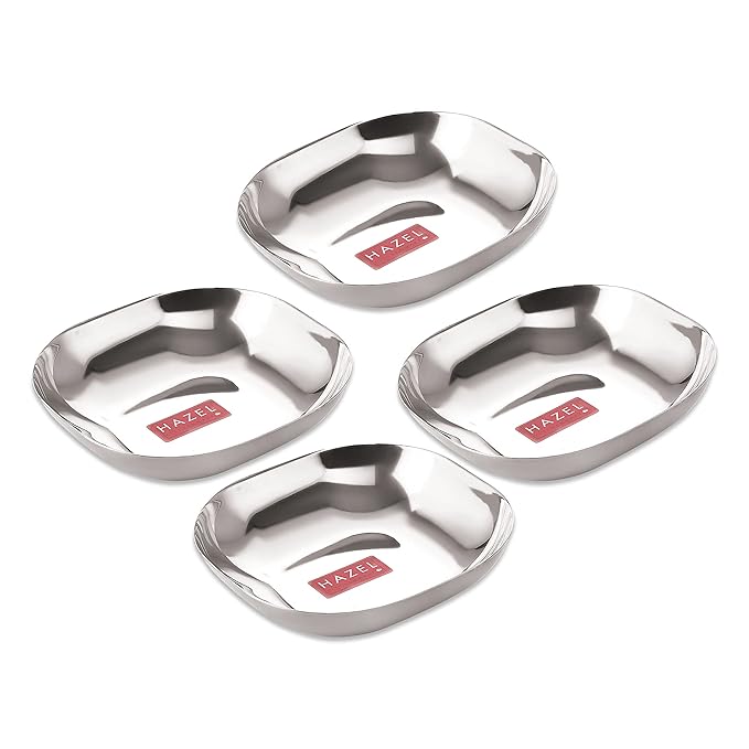 Hazel Steel Dessert Silver Plate Square Shaped Steel Plate for Snacks 450 ml Each Silver Colour