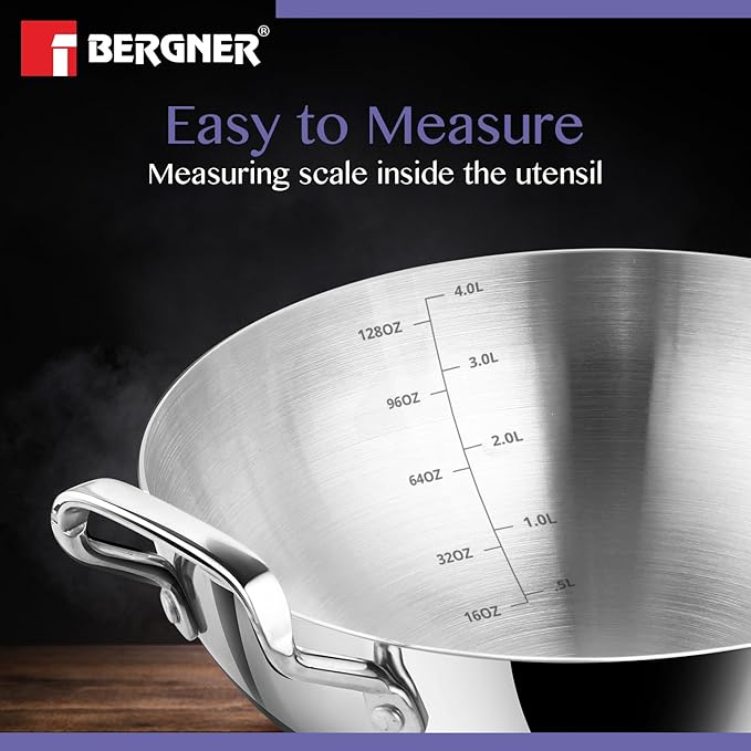 Bergner Be Essential Triply Stainless Steel 28 Cm Extra Deep Kadai | Indian Wok | 4 L Kadhai