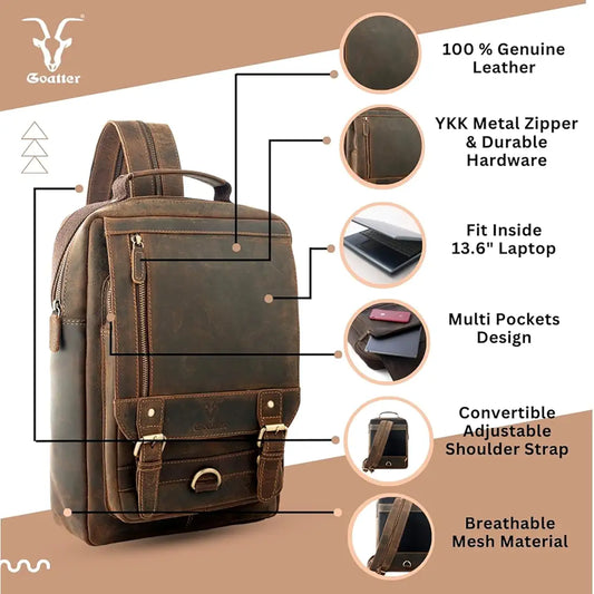 Goatter 22 Ltrs Men's Hunter Leather Backpack For 13.6 Laptop Travel Hiking Camping Rucksack, Brown