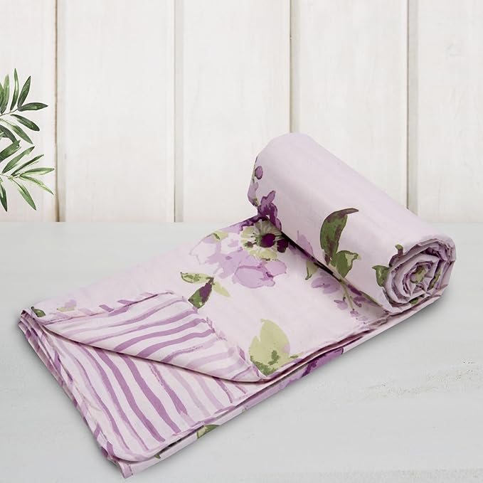 Huesland 100% Cotton Reversible Dohar Single Bed Cotton | Soft Cambric Weave, All Weather Light Ac Blanket | Floral Fusion - Purple & Green