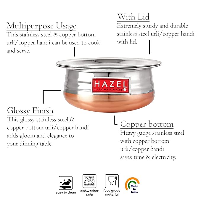 Hazel Copper Bottom Uruli with Lid Urli Vessel Cooking Stainless Steel (1000 Ml)