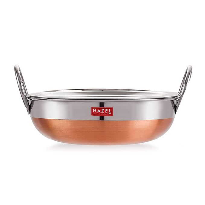 Hazel Stainless Steel Kadai with Lid Copper Bottom Utensil Capacity of 1Ltr I 18 Gauge Vessel