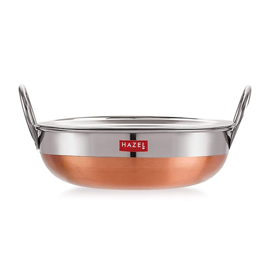 Hazel Stainless Steel Kadai with Lid Copper Bottom Utensil Capacity of 1Ltr I 18 Gauge Vessel