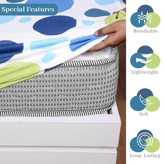 Divine Casa 144 TC Polka Print Blue Skin Friendly 100% Cotton Elastic Fitted Bedsheets King Size Colour Blue Grotta