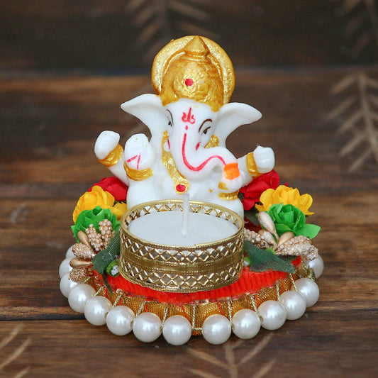 Ecraftindia Resin Lord Ganesha Idol on Decorative Plate Tea Light Holder | Ganesha Statue for Puja Room