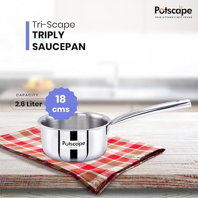 Potscape Triply Sauce Pan Tea pan Milk Pan 18 cm Capacity 2.6 Ltr for Chai Boil