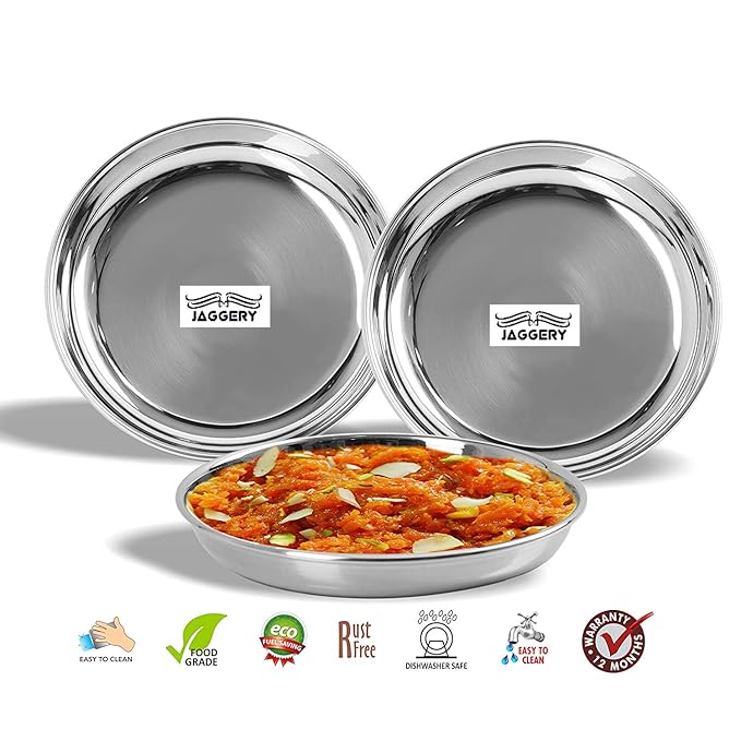 Jaggery Stainless Steel Heavy Gauge Medium Halwa Plates with Mirror Finish 12.5 cm Dia 3 Pieces Set