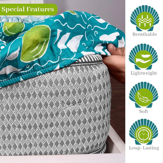 Divine Casa Blue and White Floral Pattern 144 TC 100% Cotton Elastic Fitted Printed Queen Size Double Bed Bedsheet with 2 Pillow Cover Colour Tile Blue