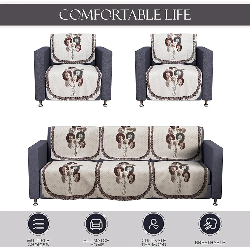 Kuber Industries Set of 10 Velvet Anti-Skid Sofa Cover 5-Seater Digital Flower-Cream & Brown