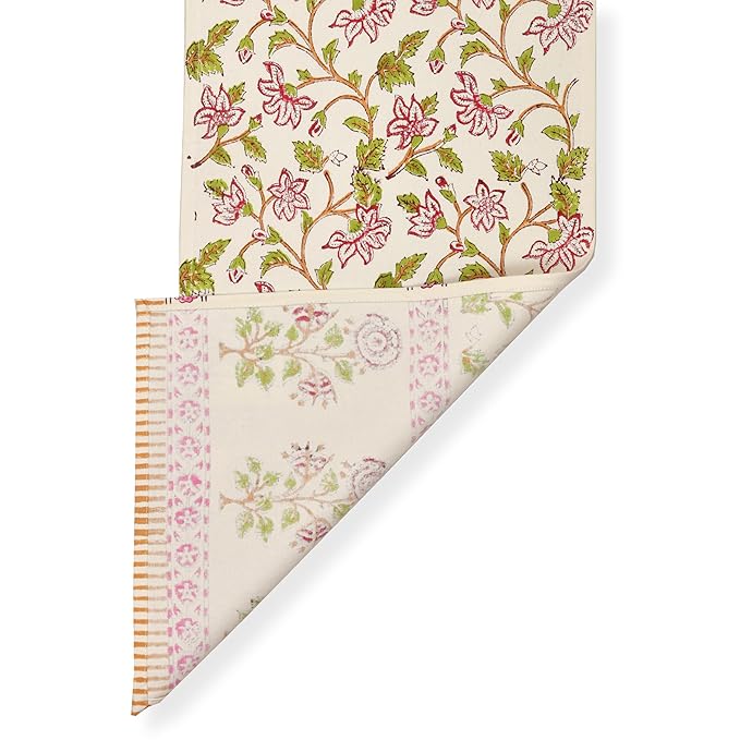 Blocks Of India Cotton Hand Block Printed Table Runner for Center Dining Table Pink Rose