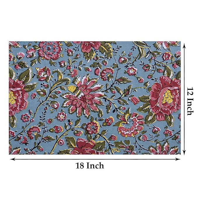 Texstylers Cotton Canvas Block Printed Jaipuri Rajasthani 1 Table Runner and 8 Placemat Set Red Green