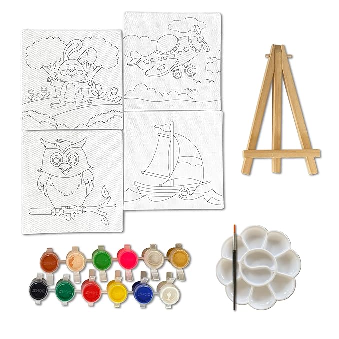Mini Leaves Mini Canvas Art and Craft Paint Kit with Wooden Easel, Colours, Painting Brush for Girls Boys 4-6 Years DIY Kit | Set of 4