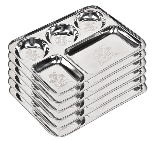 KC Stainless Steel Laser Partition Plate 5 in1 / Bhojan Thali/Dinner Plate - Set of 6