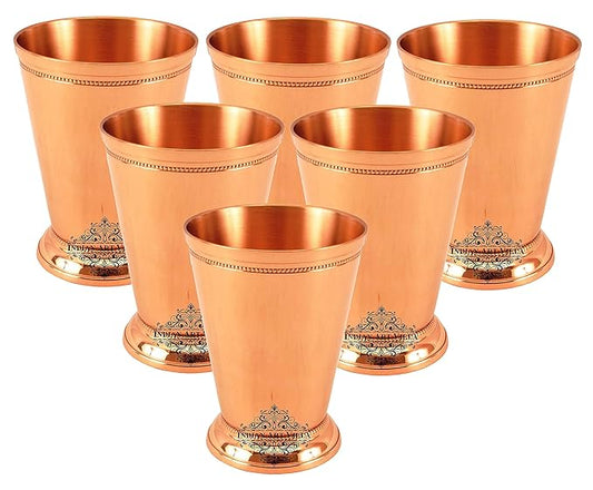 Indian Art Villa Copper Big Top Glass Tumbler Cup with 2 Designer Rings (Pack of 6)