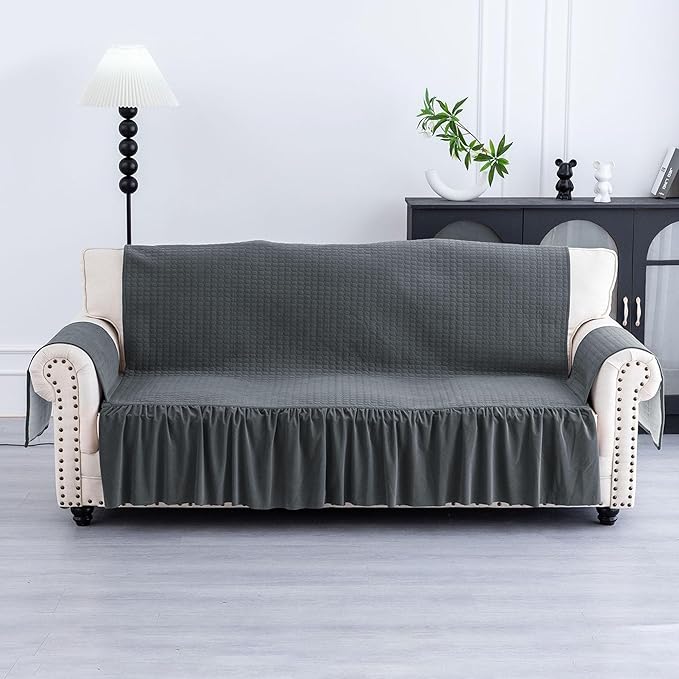Kuber Industries Soft Velvet Quilted Single Seater Sofa Cover with Pocket Arms Frill Grey