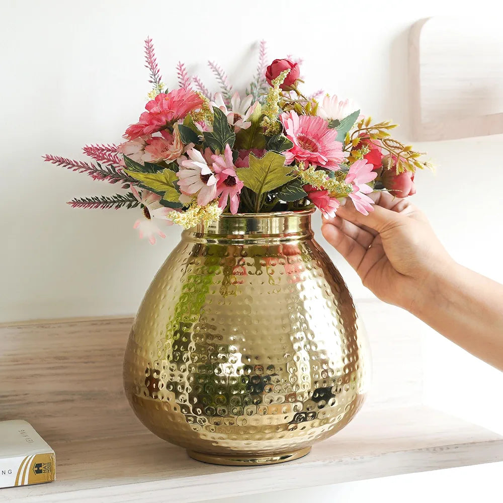 Behoma Matki Shape Metal Flower Vase Hammered Metal Flower Pot Golden Flowers not Included