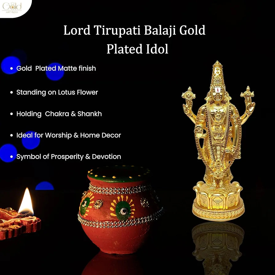 Gold Art India Lord Tirupati Balaji Idol Murti for Mandir Gold Matte