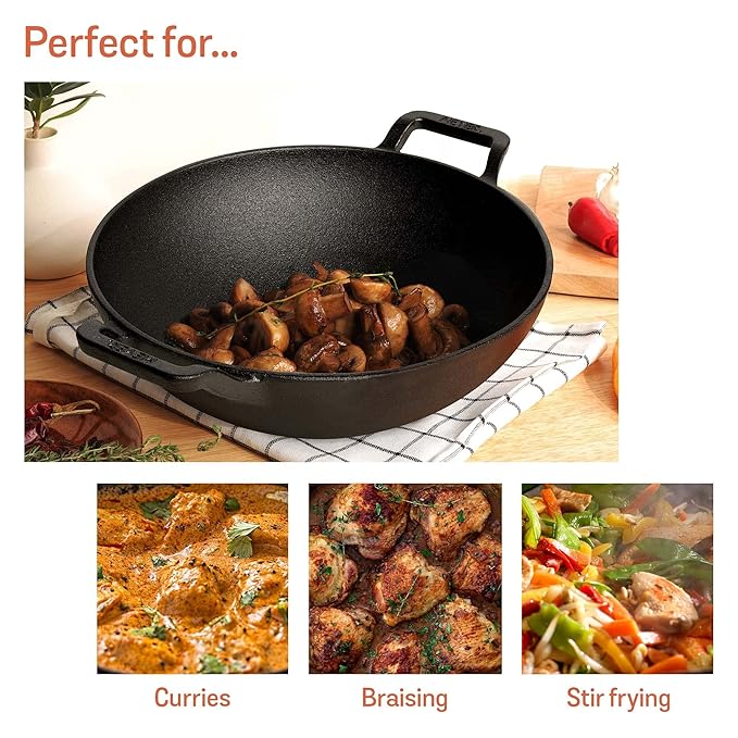 Meyer Pre Seasoned Cast Iron Kadai | Iron Kadhai with Lid 26cm/ 3 Liters Black