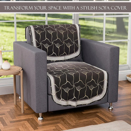 Kuber Industries Set of 10 Anti-Skid Sofa Cover 5-Seater Arabica Look Brown & Golden Foil