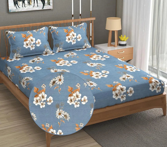Fresh From Loom Floral Print Fitted King Size Bedsheet Set Microfiber 240 TC with 2 Pillow Covers Denim Floral Design Multicolor
