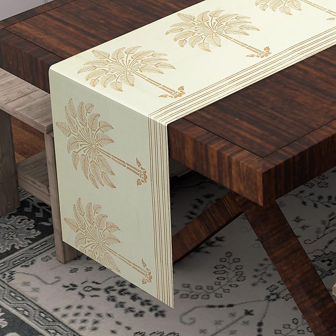 Blocks Of India Printed Cotton Table Runner for Center Dining Table Gold Pine Tree