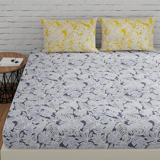 Huesland by Ahmedabad Cotton 144 TC Bedsheet for King Size Bed with 2 Pillow Covers | Grey & Yellow