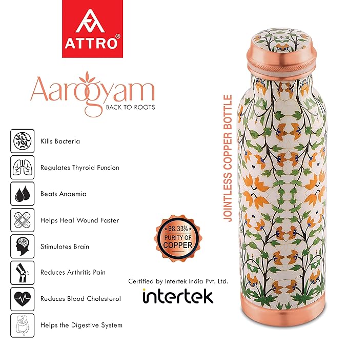 Attro Aarogyam Tatva Floral Designer Joint less Copper Water Bottle 650 ml