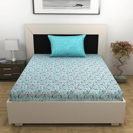 Divine Casa 144 TC 100% Pure Cotton Single Size Bedsheet with 1 Pillow Cover Tropical LeafColour Light Blue Pink