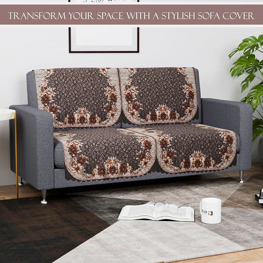 Kuber Industries Set of 6 Durable 2+1 Seater Sofa Cover Floral Print Dark Olive Green