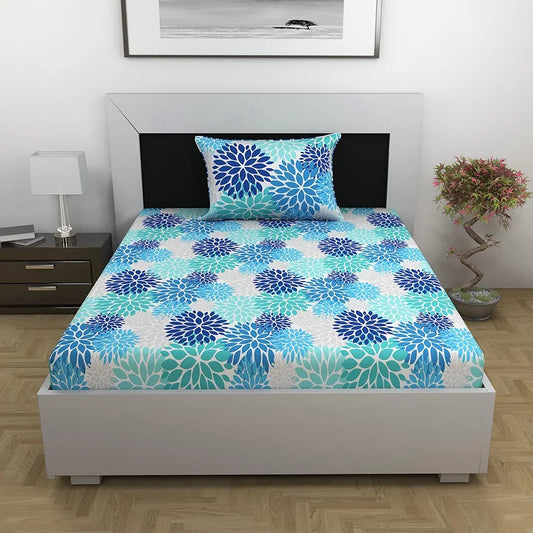 Divine Casa Bedsheet for Single Size Bed | 144 TC | Cotton Bedsheet for Single Size Bed with 1 Pillow Cover Floral Colour Galaxy Blue