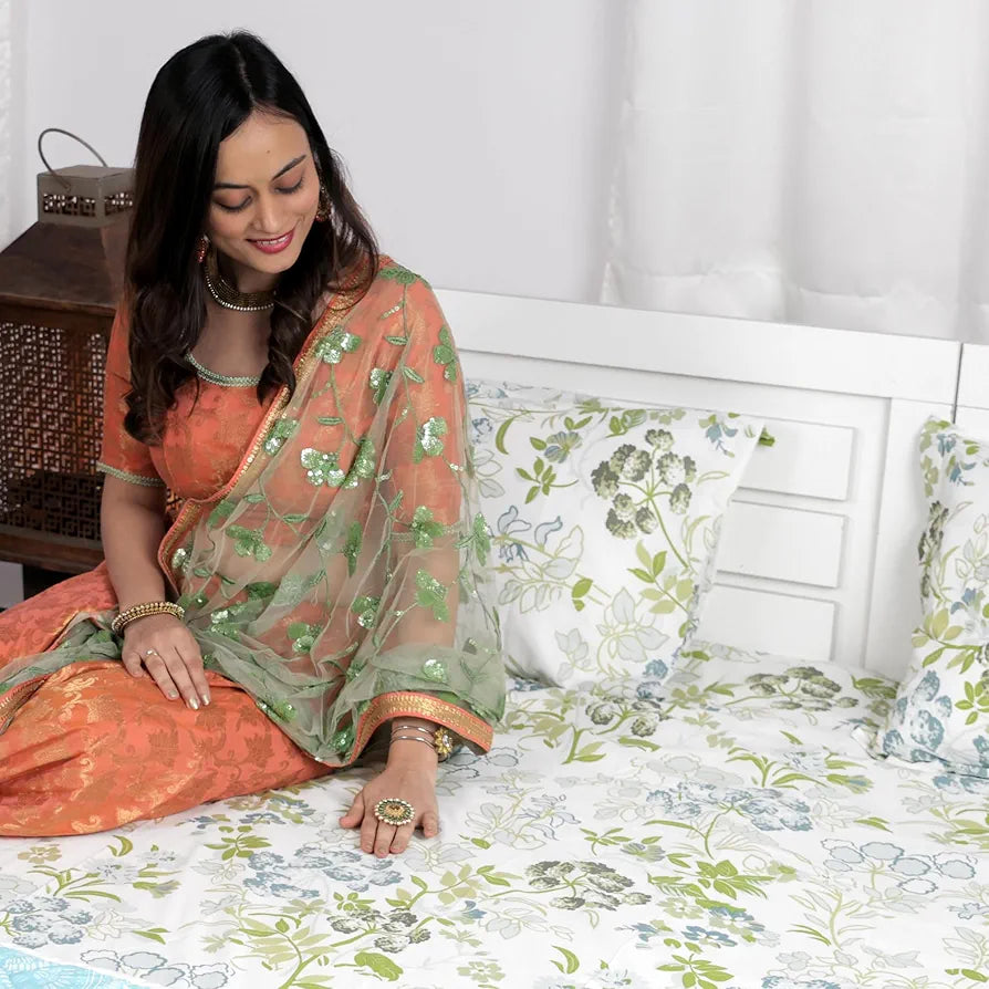 Divine Casa 144 TC Super Soft 100% Cotton Bedsheet for Double Bed 144 Thread Count Floral Colour Green Blush