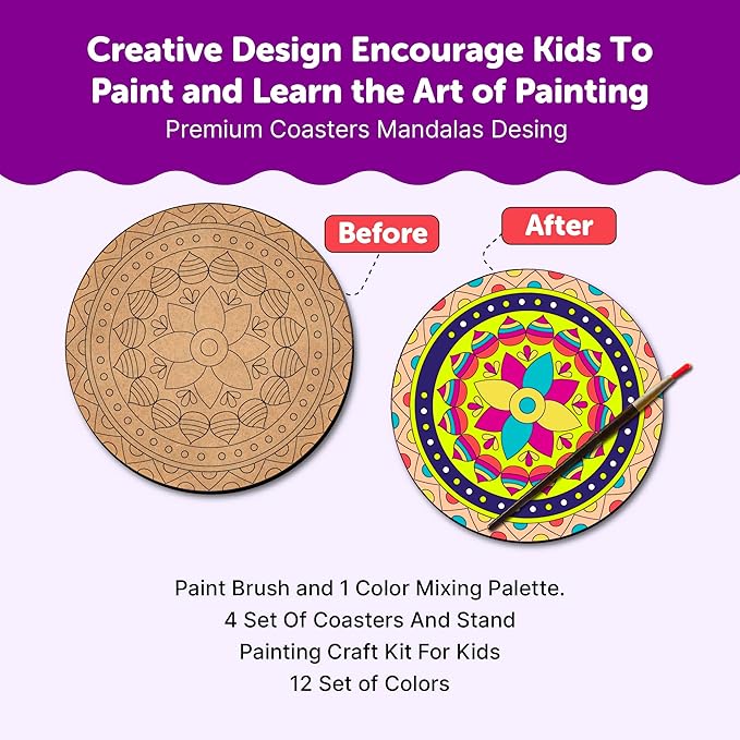Mini Leaves Wooden Mandala Painting Art and Craft Kit With Wooden Stand- Advance Level | Tea Coaster Diy Art and Craft Kit | Set of 4