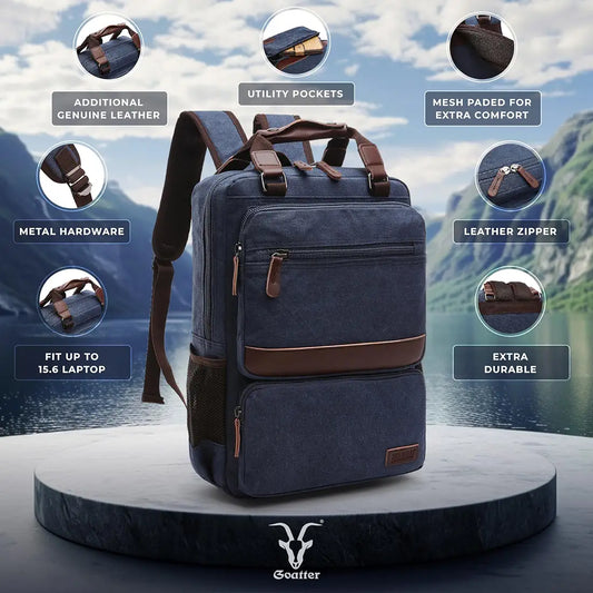 Goatter Canvas And Leather Material Multi Pocket Travel Laptop Backpack For Men