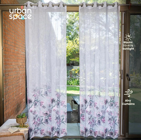 Urban Space Printed Sheer Curtains for Long Door 8 feet Light Filtering Textured Decorative Curtains with Eyelets and TieBack for Living Room, Set of 2 Sheer Curtains Winter Crocus Pink Sheer