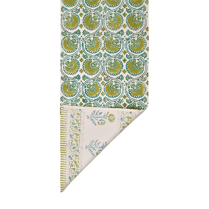 Blocks Of India Cotton Hand Block Printed Table Runner for Center Dining Table Green Motifs