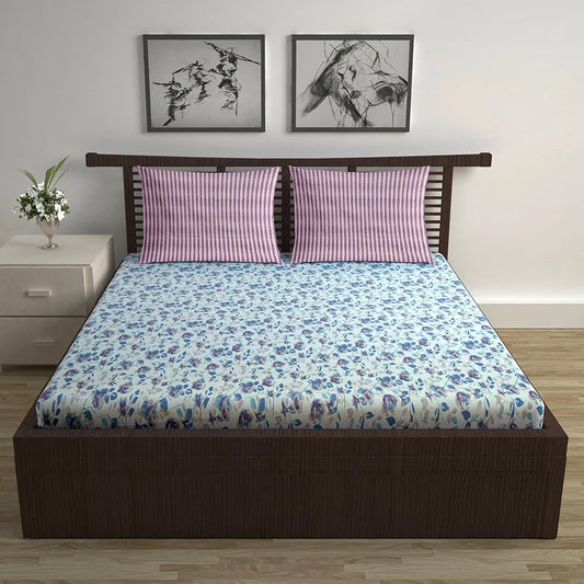 Divine Casa 144 TC 100% Pure Cotton Double Bed Bedsheet with 2 Pillow Covers Bloom Floral Colour Lavender Blue