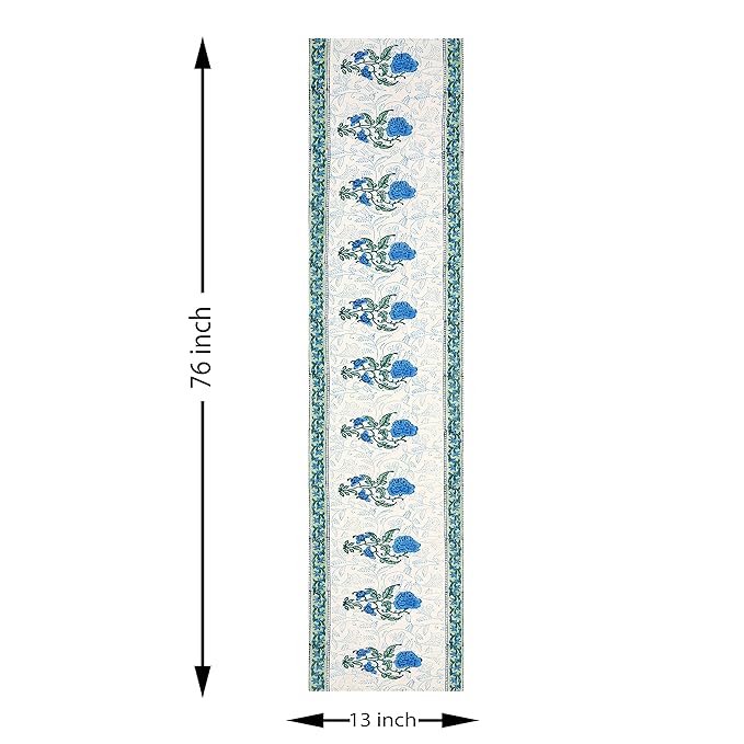 Blocks Of India Hand Block Printed Cotton Table Runner For Center Dining Table Blue Motifs Large