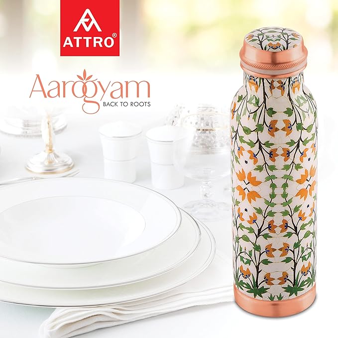 Attro Aarogyam Tatva Floral Designer Joint less Copper Water Bottle 650 ml