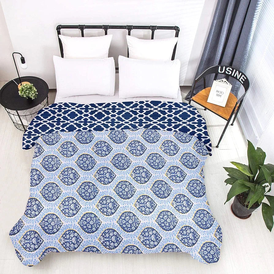 Cloth Fusion Reversible Dohar Single Bed Soft Cotton Blend AC Blanket for Summer Blue Leaves