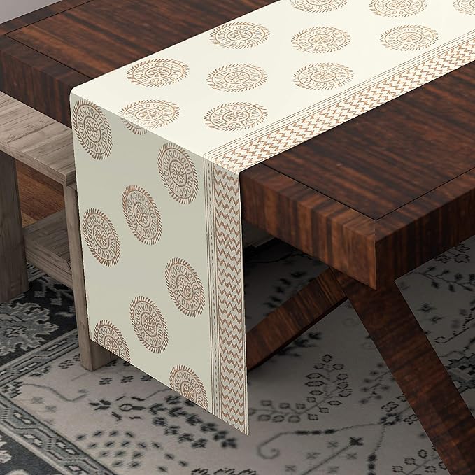 Blocks Of India Hand Block Printed Cotton Table Runner for Center Dining Table Gold Circle
