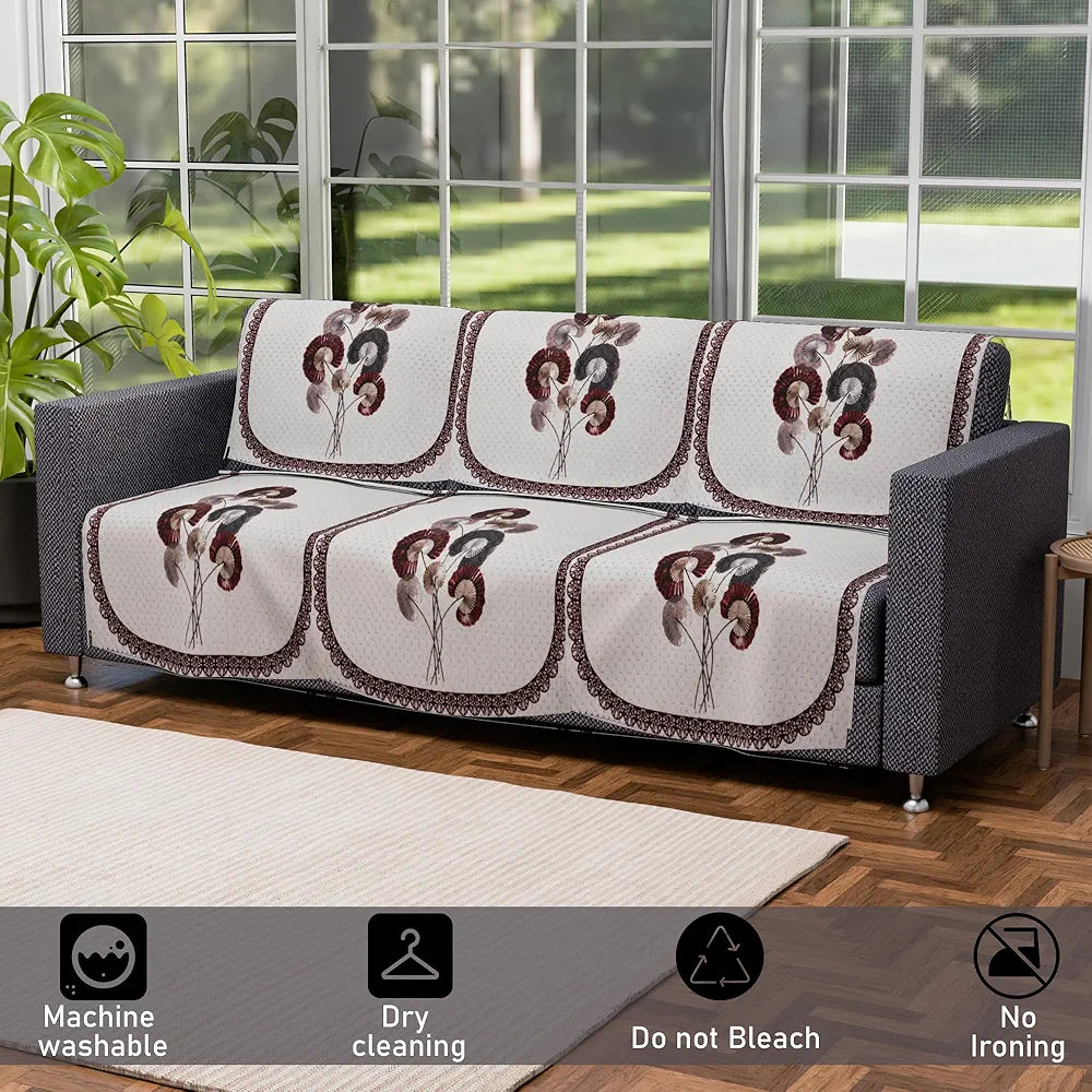 Kuber Industries Set of 10 Velvet Anti-Skid Sofa Cover 5-Seater Digital Flower-Cream & Brown