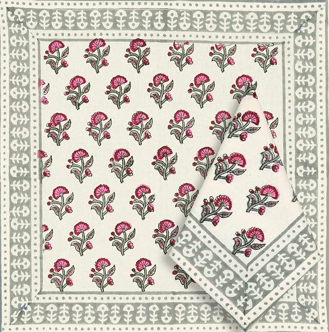 Blocks Of India Hand Block Printed Cotton Table Runner Mat and Napkin Set for Center Pink Grey Buti