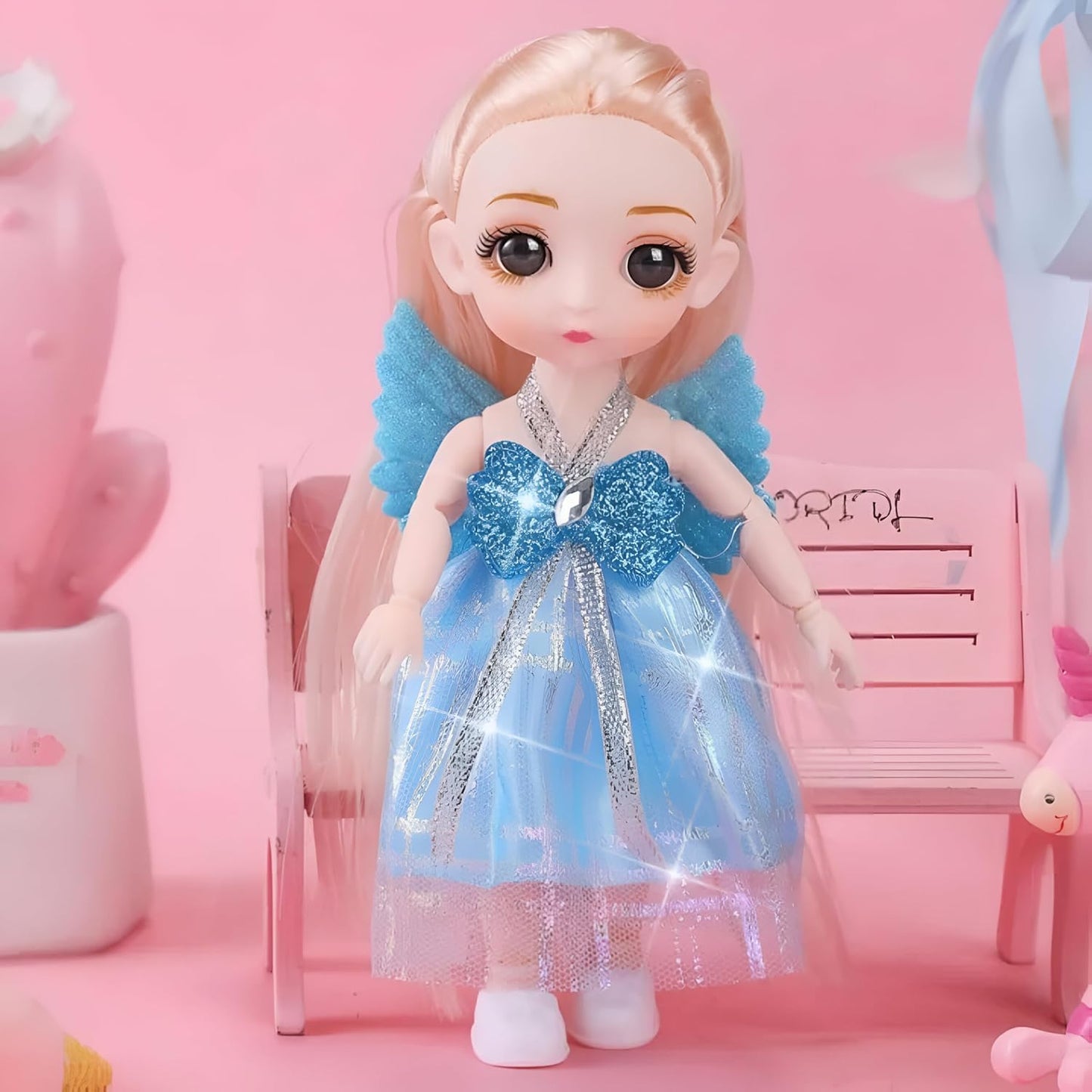 Tickles Princess Movable Joints Doll Beautiful Eyes & Stylish Dresses for Kids Girls 15 cm Color Blue