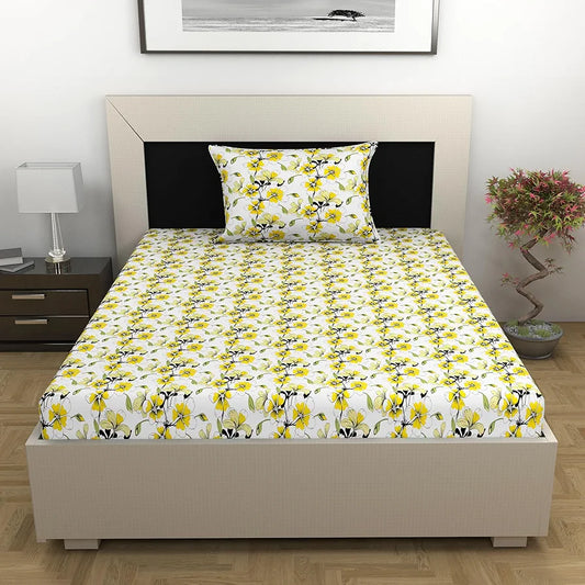 Divine Casa Bedsheet for Single Size Bed 144 TC Cotton Bedsheet for Single Size Bed with 1 Pillow Cover Floral Colour Golden Daffodil
