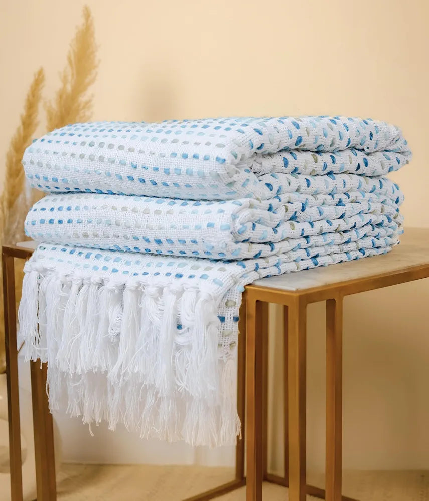 Sajavat Home Hand-Knitted Pure Cotton 3 Seater Sofa Throw Colour Blue Multi