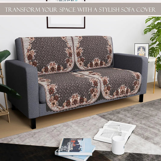 Kuber Industries Set of 4 Durable 2 Seater Sofa Cover for Living Room Floral Print Dark Olive Green